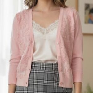 Ann Taylor Pastel Pink 3D Floral Embroidered Cardigan Sweater SZ S